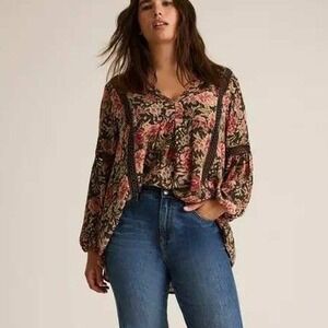 Torrid Festi Women 3 Floral Gauze Tunic Blouse Black Pink Crochet Lace Boho Puff